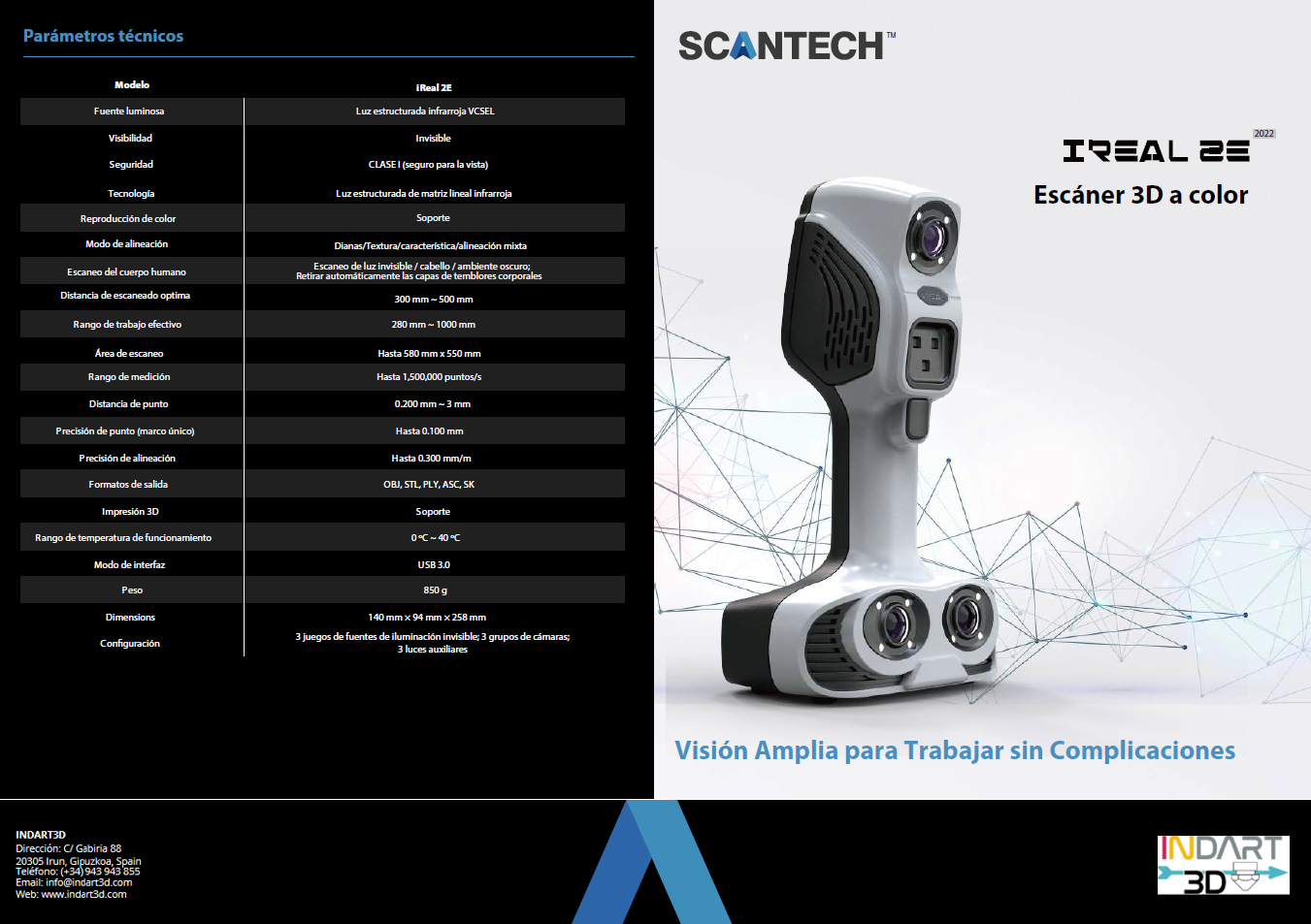 Tabla de especificaciones del escáner 3D iReal M3 con detalles técnicos y características principales
