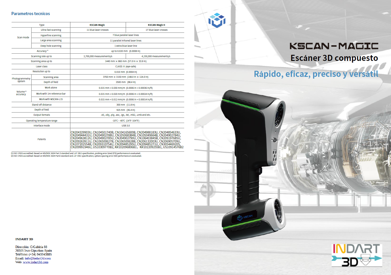 Vista detallada de las especificaciones técnicas del escáner 3D IT3D Scan ONE