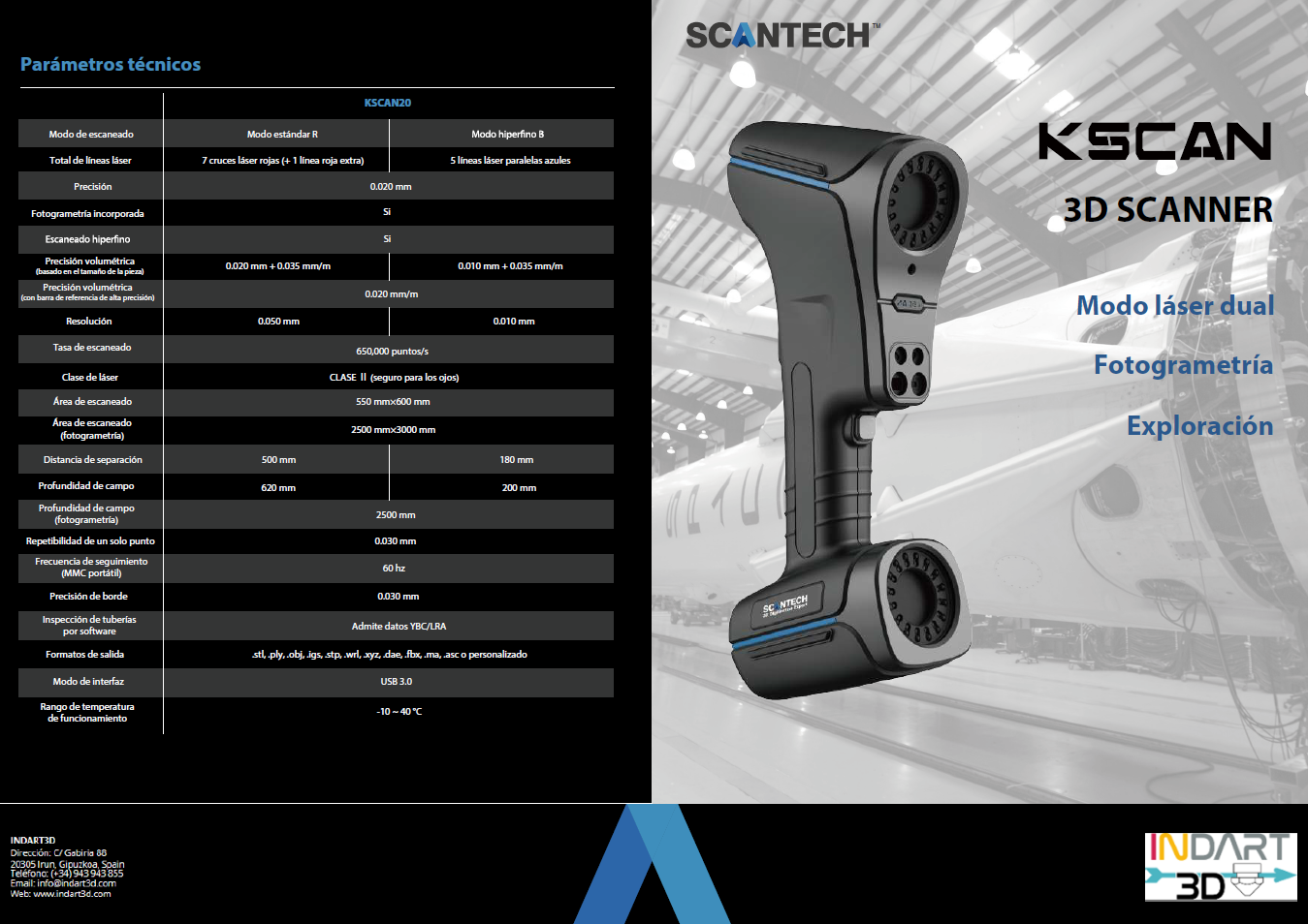 Vista detallada de las especificaciones técnicas del escáner 3D IT3D Scan ONE